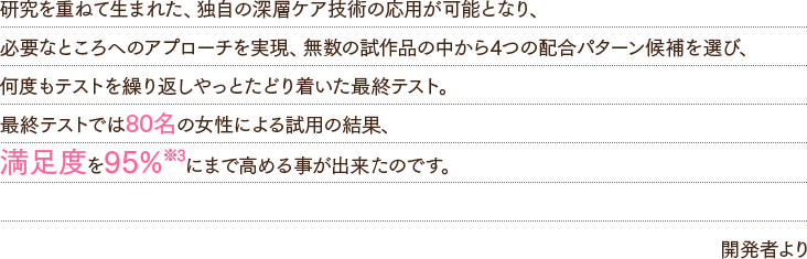 研究を重ねて生まれた、独自の深層ケア技術の応用が可能となり、必要なところへのアプローチを実現、無数の試作品の中から4つの配合パターン候補を選び、何度もテストを繰り返しやっとたどり着いた最終テスト。最終テストでは80名の女性による試用の結果、満足度を95％にまで高める事が出来たのです。開発者より