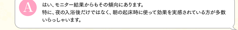 はい、モニター結果からもその傾向にあります。特に、夜の入浴後だけではなく、朝の起床時に使って効果を実感されている方が多数いらっしゃいます。