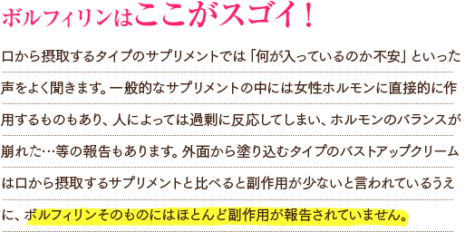 口から摂取するタイプのサプリメントでは「何が入っているのか不安」といった声をよく聞きます。一般的なサプリメントの中には女性ホルモンに直接的に作用するものもあり、人によっては過剰に反応してしまい、ホルモンのバランスが崩れた…等の報告もあります。外面から塗り込むタイプのバストアップクリームは口から摂取するサプリメントと比べると副作用が少ないと言われているうえに、ボルフィリンそのものにはほとんど副作用が報告されていません。